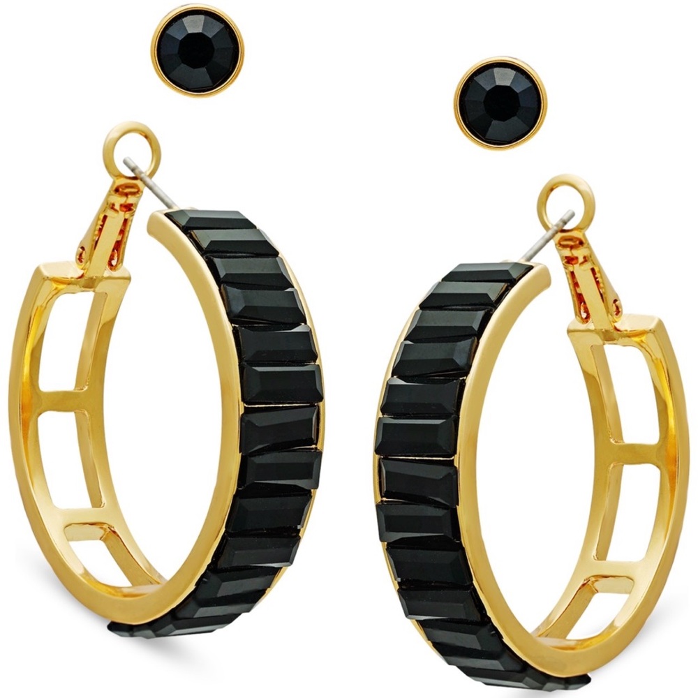 Guess Gold-Tone 2-Pc. Set Crystal Stud & Hoop Earrings - Jet/Gold